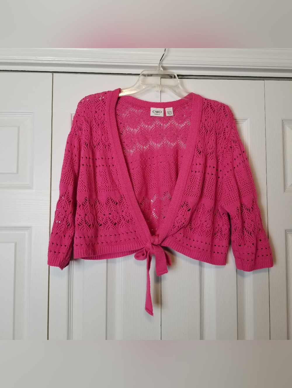 Cato Woman Crochet Pink Open Knit Tie-Front Short Cardigan Sweater